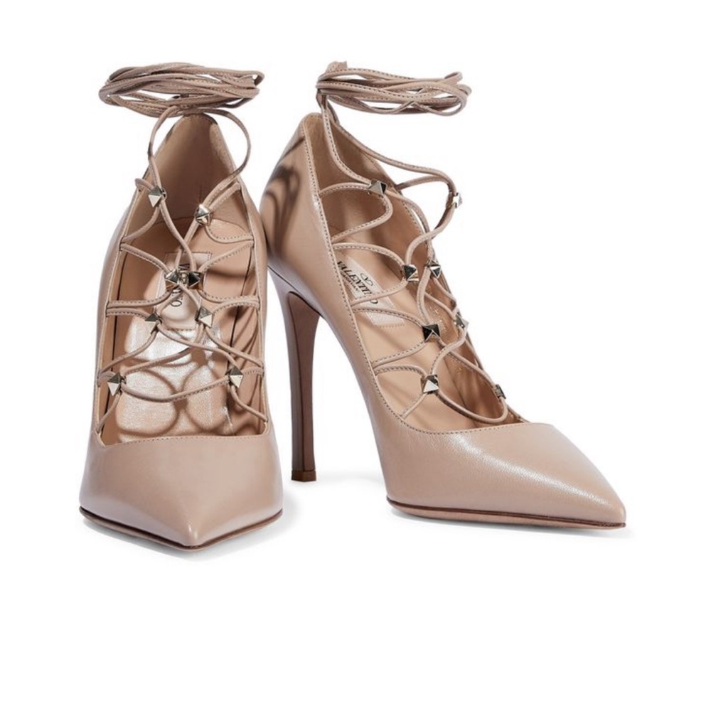 Valentino Rockstud Lace-Up Leather Pumps Neutral
